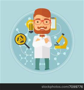 Hipster caucasian laboratory assistant with hands crossed. Confident laboratory assistant on background with molecular structure. Vector flat design illustration in the circle isolated on background.. Male laboratory assistant vector illustration.