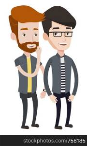 Hipster caucasian man shielding his mouth and whispering a gossip to his friend. Two happy men sharing gossips. Friends discussing gossips. Vector flat design illustration isolated on white background. One man whispering to another secret.