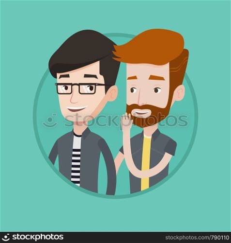 Hipster caucasian man shielding his mouth and whispering a gossip to his friend. Men sharing gossips. Friends discussing gossips. Vector flat design illustration in the circle isolated on background.. One man whispering to another secret.