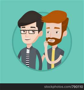 Hipster caucasian man shielding his mouth and whispering a gossip to his friend. Men sharing gossips. Friends discussing gossips. Vector flat design illustration in the circle isolated on background.. One man whispering to another secret.