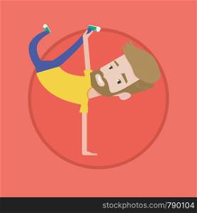 Hipster caucasian man showing his skills in break dance. Happy breakdance dancer doing handstand. Young smiling man breakdancing. Vector flat design illustration in the circle isolated on background.. Young man breakdancing vector illustration.