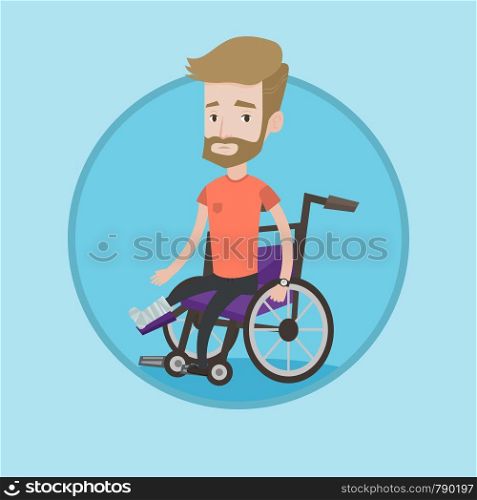 Hipster caucasian man sitting in wheelchair with broken leg. Injured man with leg in plaster. Young man with fractured leg. Vector flat design illustration in the circle isolated on background. Man with broken leg sitting in wheelchair.