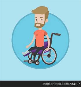 Hipster caucasian man sitting in wheelchair with broken leg. Injured man with leg in plaster. Young man with fractured leg. Vector flat design illustration in the circle isolated on background. Man with broken leg sitting in wheelchair.
