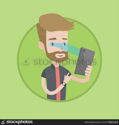 Hipster caucasian man using smart mobile phone with retina scanner. Young happy man using iris scanner to unlock his mobile phone. Vector flat design illustration in the circle isolated on background.. Man using iris scanner to unlock his mobile phone.