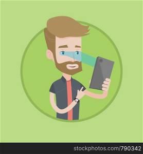 Hipster caucasian man using smart mobile phone with retina scanner. Young happy man using iris scanner to unlock his mobile phone. Vector flat design illustration in the circle isolated on background.. Man using iris scanner to unlock his mobile phone.