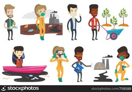Hipster caucasian man with beard holding plastic bottle with plant growing inside. Man holding plastic bottle used as plant pot. Set of vector flat design illustrations isolated on white background.. Vector set of characters on ecology issues.