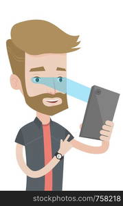 Hipster caucasian man with beard using smart mobile phone with iris scanner. Young happy man using iris scanner to unlock his mobile phone. Vector flat design illustration isolated on white background. Man using iris scanner to unlock his mobile phone.