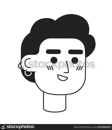 Hipster caucasian man with ear piercings monochrome flat linear character head. Smiling cool guy. Editable outline hand drawn human face icon. 2D cartoon spot vector avatar illustration for animation. Hipster caucasian man with ear piercings monochrome flat linear character head