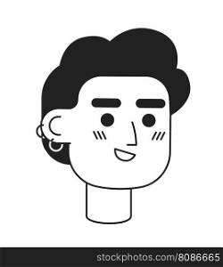 Hipster caucasian man with ear piercings monochrome flat linear character head. Smiling cool guy. Editable outline hand drawn human face icon. 2D cartoon spot vector avatar illustration for animation. Hipster caucasian man with ear piercings monochrome flat linear character head