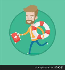 Hipster caucasian paramedic running with first aid box. Young paramedic running to patients. Paramedic running with lifebuoy. Vector flat design illustration in the circle isolated on background.. Paramedic running with first aid box.