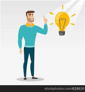 Hipster caucasian student pointing finger up at the idea bulb. Young excited student with bright idea bulb. Smart smiling student having a great idea. Vector flat design illustration. Square layout.. Student pointing at idea bulb vector illustration