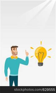 Hipster caucasian student pointing finger up at the idea bulb. Young excited student with bright idea bulb. Smart smiling student having a great idea. Vector flat design illustration. Vertical layout.. Student pointing at idea bulb vector illustration
