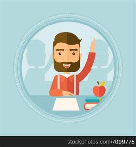 Hipster caucasian student with beard raising hand in the classroom for an answer. Student sitting at the table with raised hand. Vector flat design illustration in the circle isolated on background.. Student raising hand in class for an answer.