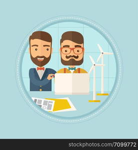 Hipster caucasian workers of wind farm at work. Engineers of wind farm working on laptop. Men working with model wind turbines. Vector flat design illustration in the circle isolated on background.. Engineers of wind farm working on laptop.