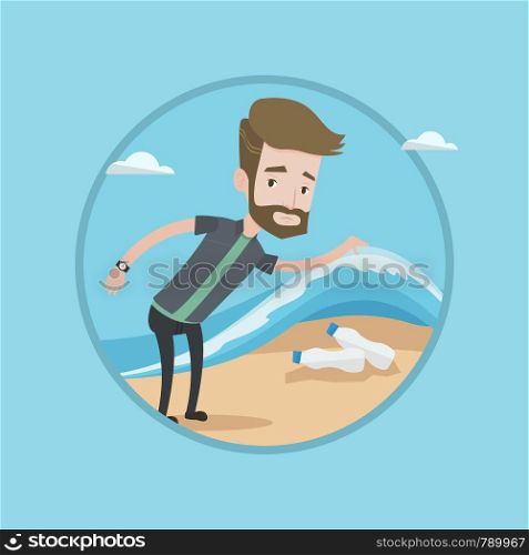Hipster caucasian young man with beard showing plastic bottles under sea wave. Concept of water pollution and plastic pollution. Vector flat design illustration in the circle isolated on background.. Man showing plastic bottles under sea wave.