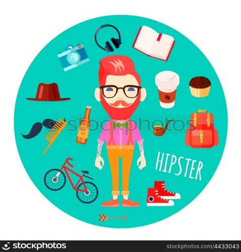 Hipster Character Accessories Flat Round Illustration. Hipster character man with red hair fake mustache and retro accessories flat round mint background abstract vector illustration