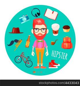 Hipster Character Accessories Flat Round Illustration. Hipster character man with red hair fake mustache and retro accessories flat round mint background abstract vector illustration