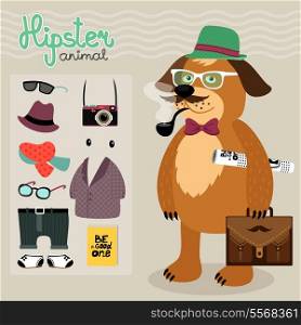 Hipster character elements for nerd puppy dog with customizable face look and clothing vector illustration
