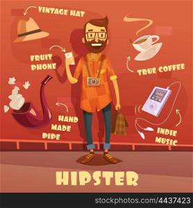 Hipster Character Illustration . Hipster character cartoon set with vintage hat and indie music player vector illustration