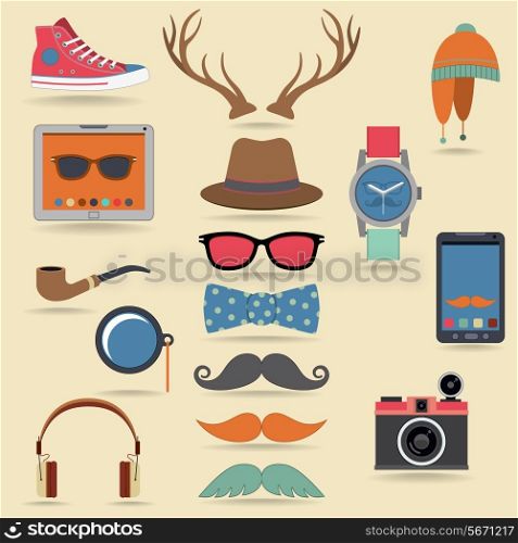 Hipster character pack design elements with moustaches and accessory isolated vector illustration