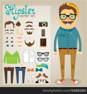 Hipster character pack for geek boy with accessory clothing and facial elements vector illustration