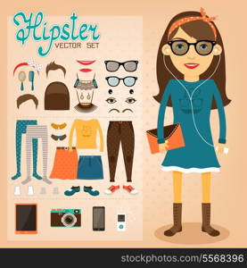 Hipster character pack for geek girl with accessory clothing and facial elements vector illustration