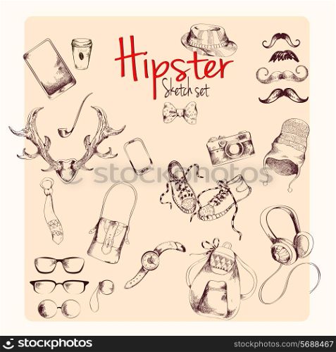 Hipster character pack sketch set with moustaches and accessory isolated vector illustration