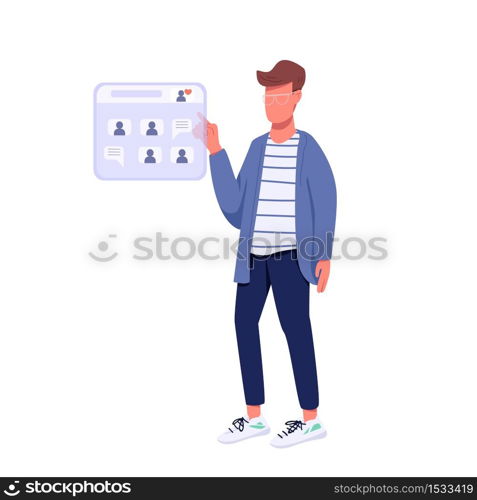 Hipster chatting online flat color vector faceless character. Generation Z lifestyle, social network. Caucasian guy surfing internet isolated cartoon illustration for web graphic design and animation. Hipster chatting online flat color vector faceless character