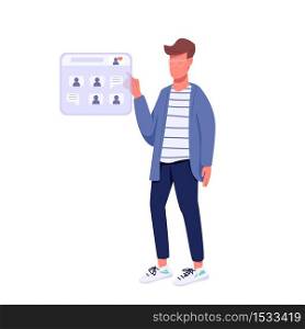 Hipster chatting online flat color vector faceless character. Generation Z lifestyle, social network. Caucasian guy surfing internet isolated cartoon illustration for web graphic design and animation. Hipster chatting online flat color vector faceless character