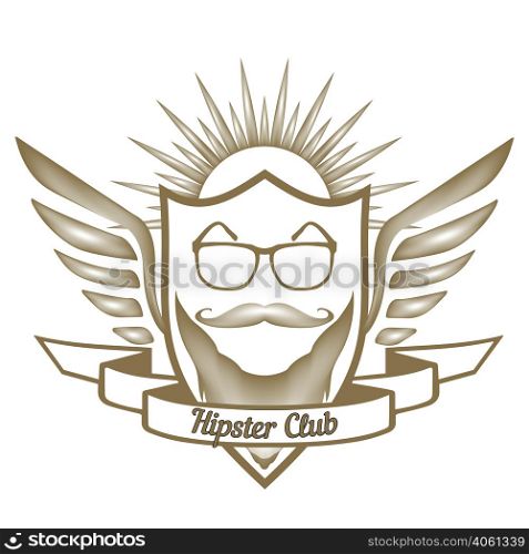 Hipster Club logo store glasses, moustache, beard, in the heraldic shield, with calligraphic inscription Barber Shop, in vector for design or print. Hipster Club