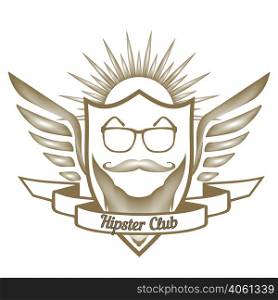 Hipster Club logo store glasses, moustache, beard, in the heraldic shield, with calligraphic inscription Barber Shop, in vector for design or print. Hipster Club