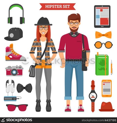 Hipster Couple Decorative Icons Set . Hipster couple decorative icons set with funky woman and man bow hat headphones sneakers isolated vector illustration