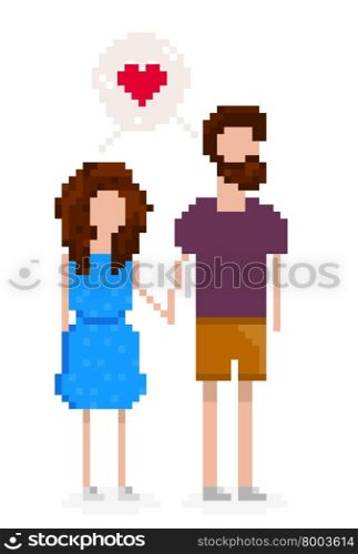 Hipster couple is in love and holding hands. Pixel art for Valentine&rsquo;s day