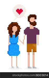 Hipster couple is in love and holding hands. Pixel art for Valentine&rsquo;s day