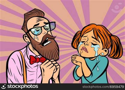 Hipster couple man and woman crying and praying. Hipster couple man and woman crying and praying. Comic cartoon pop art retro illustration vector drawing. Hipster couple man and woman crying and praying