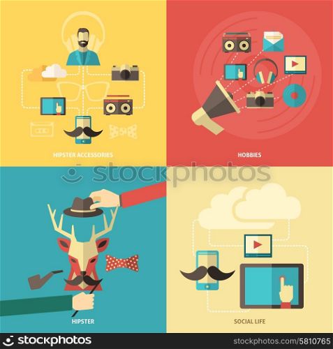 Hipster design concept set with hobbies and fashion accessories flat icons isolated vector illustration. Hipster Design Concept