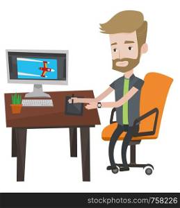 Hipster designer sitting at desk and drawing on graphics tablet. Young graphic designer using a digital graphics tablet, computer and pen. Vector flat design illustration isolated on white background.. Designer using digital graphics tablet.