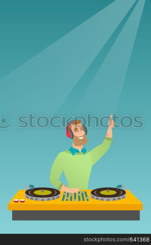 Hipster DJ with beard mixing music on the turntables. DJ playing and mixing music on the deck. Caucasian DJ in headphones mixing music at a party. Vector flat design illustration. Vertical layout.. DJ mixing music on the turntables.