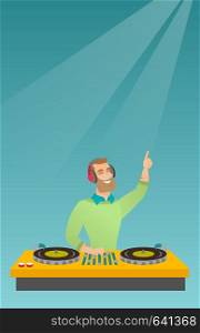 Hipster DJ with beard mixing music on the turntables. DJ playing and mixing music on the deck. Caucasian DJ in headphones mixing music at a party. Vector flat design illustration. Vertical layout.. DJ mixing music on the turntables.