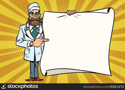 hipster doctor shows at a mockup copy space poster. Comic cartoon style pop art retro vector illustration. hipster doctor shows at a mockup copy space poster