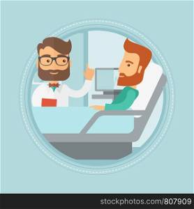Hipster doctor visiting male patient at hospital ward. Doctor pointing finger up during consultation with patient in hospital room.Vector flat design illustration in the circle isolated on background.. Doctor visiting patient vector illustration.