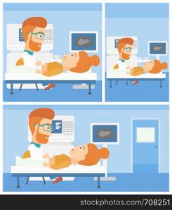 Hipster doctor with the beard examining internal organs of a female patient on the modern ultrasound equipment at medical office. Vector flat design Illustration. Square, horizontal, vertical layouts.. Patient during ultrasound examination.