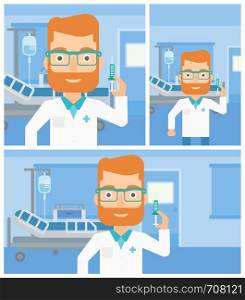 Hipster doctor with the beard holding medical injection syringe on the background of hospital ward. Vector flat design Illustration. Square, horizontal, vertical layouts.. Doctor with syringe in hospital ward.