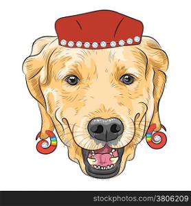 hipster dog Labrador Retriever breed in a red hat with earrings spiral