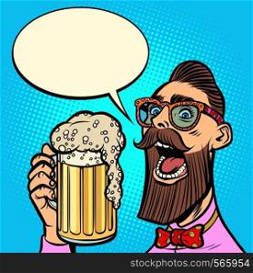hipster drinking a mug of beer. Comic cartoon pop art retro vector illustration hand drawing. hipster drinking a mug of beer