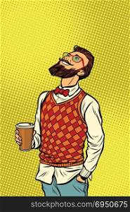 Hipster drinks coffee and looks up. Pop art retro comics cartoon vector illustration kitsch drawing. Hipster drinks coffee and looks up