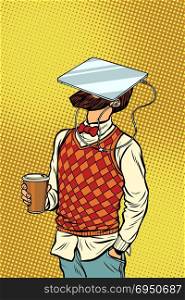 Hipster drinks coffee and watches tablet virtual reality. Pop art retro comics cartoon vector illustration kitsch drawing. Hipster drinks coffee and watches tablet virtual reality
