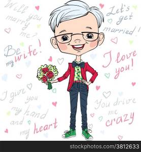 Hipster elegant bridegroom with bouquet of roses