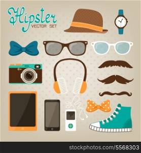 Hipster elements icons set of glasses bow hat and modern mobile phone vector illustration