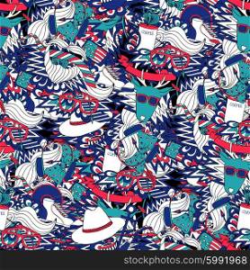 Hipster fashion clothing accessories seamless pattern. Hipster lifestyle fashion clothing and accessories decorative seamless tileable blue and red pattern abstract vector illustration
